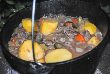 meat and offal with potatoes in a cauldron cooking on a camping trip