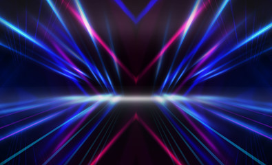Empty dark abstract background. Background of empty show scene. Glow of neon lights and neon figures on an empty concert stage. Reflection of light on the pavement.
