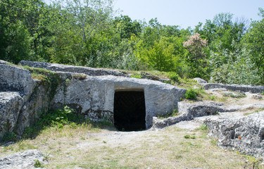 The ancient city carved into the rock "Exi Kermen" on the territory of the Republic of Crimea.