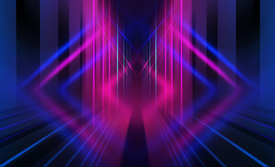 Empty dark abstract background. Background of empty show scene. Glow of neon lights and neon figures on an empty concert stage. Reflection of light on the pavement.