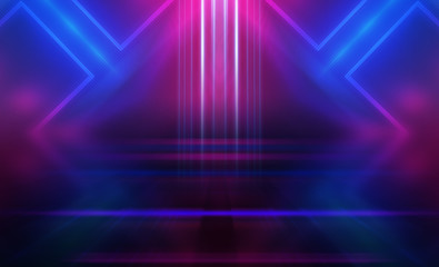 Empty dark abstract background. Background of empty show scene. Glow of neon lights and neon figures on an empty concert stage. Reflection of light on the pavement.