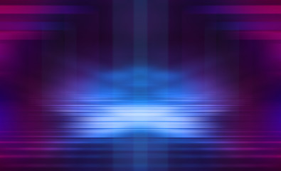 Empty dark abstract background. Background of empty show scene. Glow of neon lights and neon figures on an empty concert stage. Reflection of light on the pavement.