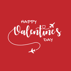 Fototapeta na wymiar Happy Valentines Day creative banner with lettering on the red background. Valentines Day romantic greeting card with modern calligraphy. Text written by airplanes. Vector illustration