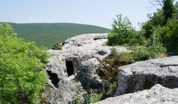 The ancient city carved into the rock "Exi Kermen" on the territory of the Republic of Crimea.