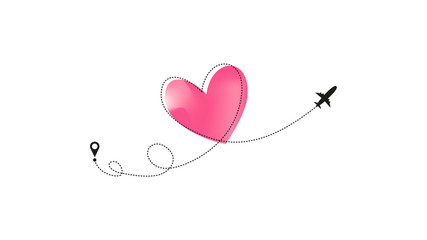 Love airplane route with pastel neon pink Heart dashed line trace and plane routes isolated on white background. Romantic wedding travel, Honeymoon trip. Hearted plane path drawing. Vector