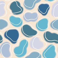 Organic blue shapes and white lines.Hand drawn abstract seamless pattern. Modern art for paper, fabric, web design.