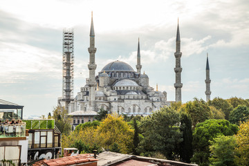 Fototapeta na wymiar Istambul, Turkey - October, 2019: Sultan Ahmed Mosque Blue mosque in Istanbul in the sunny summer day, Turkey