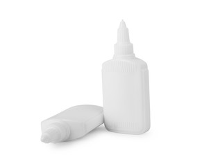 Two bottles with glue pva on a white background