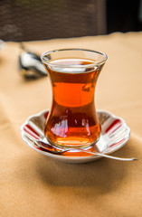 Istambul, Turkey - October, 2019: Traditional turkish tea. Street food.