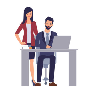 recommend clip art: Businessman and Businesswoman join to working character. Teamwork process concept.