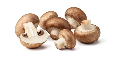 Foto op Canvas Two fresh mushrooms champignons, one whole and the other cut in half isolated on white background with clipping path © adragan