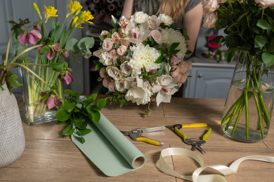 Education In The School Of Floristry. Master Class On Making Bouquets. Summer Bouquet. Learning Flower Arranging, Making Beautiful Bouquets With Your Own Hands. Flowers Delivery