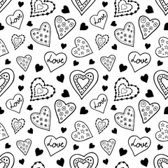 Black and white hearts seamless pattern in doodle style. Vector stock illustration. Hand drawing image for Valentines Day decor, digital paper and wedding invitations.