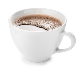 Cup of hot coffee on white background