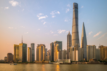 Fototapeta na wymiar Skyline of Pudong by Huangpu River in Shanghai, China