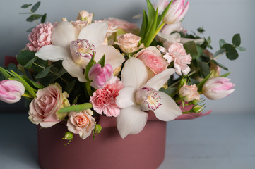Close-up Large Beautiful bouquet of mixed flowers. Flower background and Wallpaper. Floral shop concept . Beautiful fresh cut bouquet. Flowers delivery