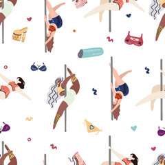 Materiał do szycia Vector cute seamless pattern with pole dance girls on a white background. Pole dance illustration for fitness, striptease dancers, exotic dance. Body positive