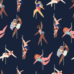 Materiał do szycia Vector cute seamless pattern with pole dance girls on a dark background. Pole dance illustration for fitness, striptease dancers, exotic dance. Body positive