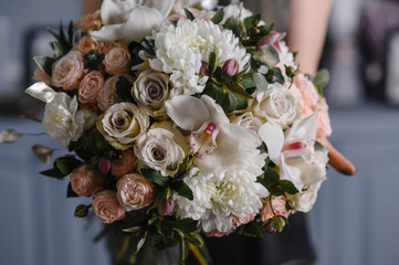Close-up Large Beautiful bouquet of mixed flowers. Flower background and Wallpaper. Floral shop concept . Beautiful fresh cut bouquet. Flowers delivery