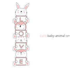 Cartoon sketch the lovely baby animals and card. Valentines day with Hand drawn style.