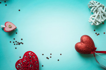 Valentines Day background. Red heart, gift box, ribbon shaped as heart