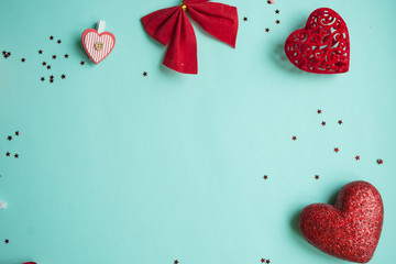 Valentines Day background. Red heart, gift box, ribbon shaped as heart