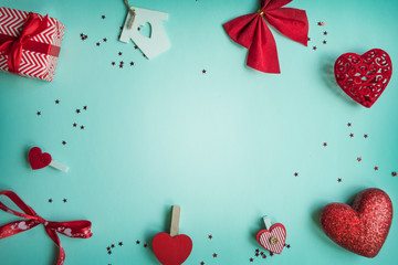 Valentines Day background. Red heart, gift box, ribbon shaped as heart
