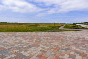 Blick von St. Peter Ording in Richtung Meer über die grasige Dühnenlandschaft