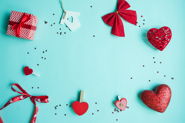 Valentines Day background. Red heart, gift box, ribbon shaped as heart
