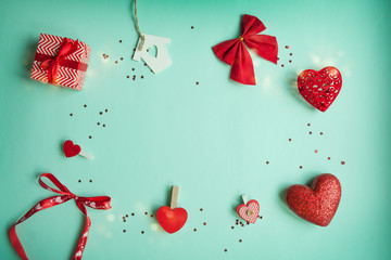 Valentines Day background. Red heart, gift box, ribbon shaped as heart