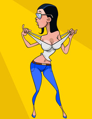 cartoon sexy woman in sunglasses eccentricly dancing