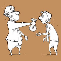 sketch of a cartoon man holding out a bag of money to another