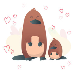 Two platypus stand upright. Animals mom and baby. Cartoons cute animals in flat style. Print for clothes. Vector illustration