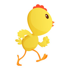 Cute little cartoon chick running somewhere isolated on a white background. Funny yellow chicken. Vector illustration of little chicken for children
