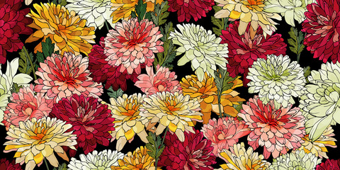 Panele Szklane  Kwiatowy wzór z kolorowych kwiatów i zielonych liści. Czerwone, żółte, różowe, białe chryzantemy na czarnym tle. Do tekstyliów, mody, tapet, papieru do pakowania. Czas ilustracja wektorowa.