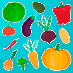 vegetables stickers for kids, vector set