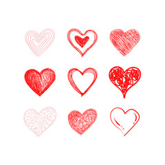 Fototapeta na wymiar Hearts doodles collection. Symbol of love. Vector illustration.
