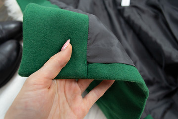 Lining green female coat close-up