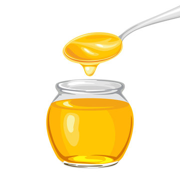 Honey in glass jar and dripping from  spoon isolated on white background. Vector illustration of natural sweets in cartoon flat style.