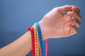 Detail of typical lucky ribbons from Bahia, Brazil. Translation: Remembrance of the Lord of Bonfim...