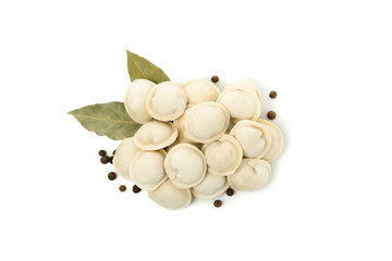 Tasty raw dumplings and spices isolated on white background