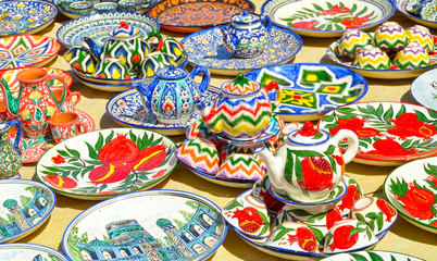 Fototapeta na wymiar Colorful handmade ceramic products from Uzbekistan