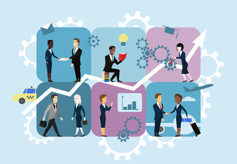 Set of flat vector illustrations. Growth chart. Up arrow. Teamwork success concept. Signing and transferring documents, meeting partners, searching for ideas, business trip, business promotion.