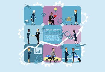 Set of cartoon flat vector illustrations. Teamwork concept in business. Background with gear system, white arrow growing up. Business banner of collaboration. Text space is centered. Colorful design.