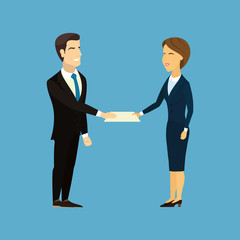 Flat vector Illustration Isolated on blue background. Smiling businessman and businesswoman holds a document. Agreement. Successful signed contract. Partnership. Contract papers. Documents.