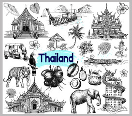 Set of hand drawn sketch style Thailand related objects isolated on white background. Vector illustration.