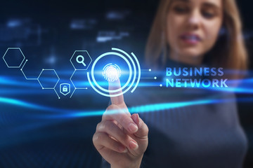 Business, Technology, Internet and network concept. Young businessman working on a virtual screen of the future and sees the inscription: Business network