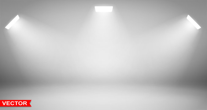 Empty abstract gradient gray studio room background with white spotlights projectors. Copy space. Layered vector.