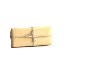 Zero waste eco gift bag. Hygge style. Simple design Copyspase for text. Craft paper wrapped gift. 