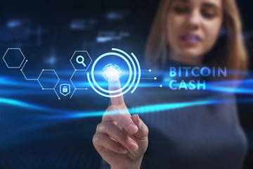 Business, Technology, Internet and network concept. Young businessman working on a virtual screen of the future and sees the inscription: Bitcoin cash